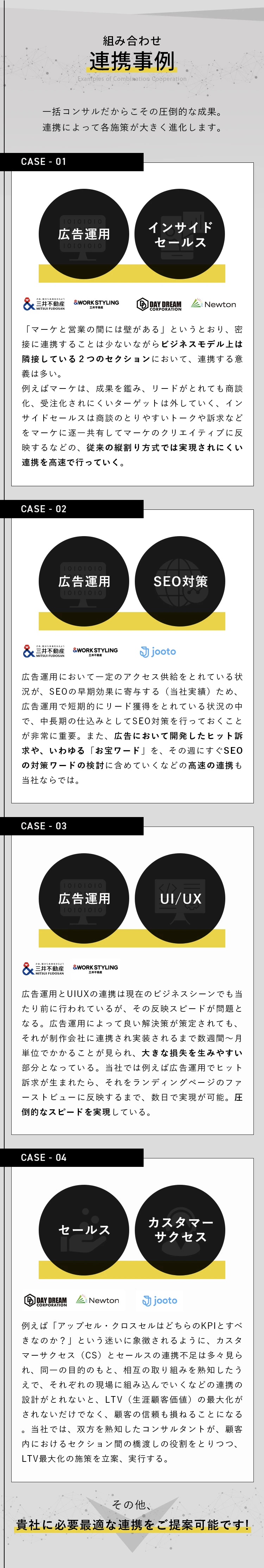 組み合わせ連携事例：一括コンサルだからこその圧倒的な成果。連携によって各施策が大きく進化します。