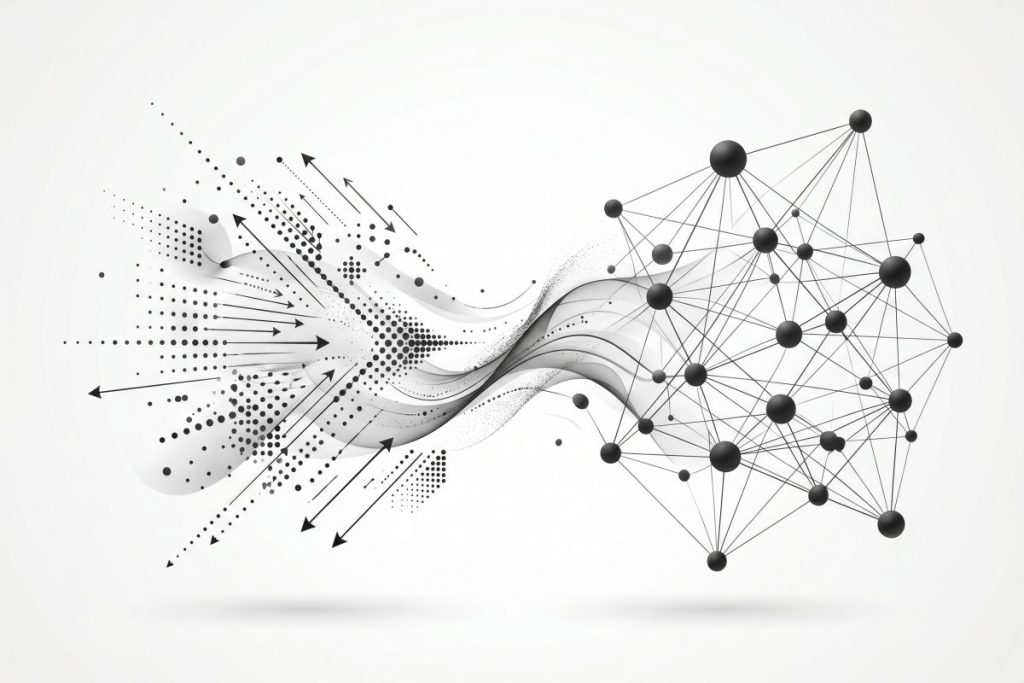 セマンティック検索（Semantic Search）の技術と仕組みを可視化した画像。セマンティック検索では、入力されたデータがベクトル化され、ナレッジグラフとして構造化されるプロセスを表現している。近年の検索エンジンでは、キーワード検索にベクトル検索や生成AI（RAGなど）の技術を組み込み、複数の検索技術を用いている。これにより、検索意図の理解度が上がり、精度向上や効率化につながった