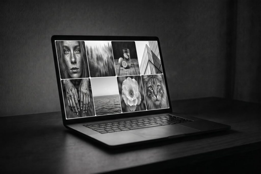 暗い机の上に置かれたノートパソコンの画像。画面には女性の顔、森林、飲み物、建物、手、海、花、猫など、異なるモノクロ画像が8枚並んでいる