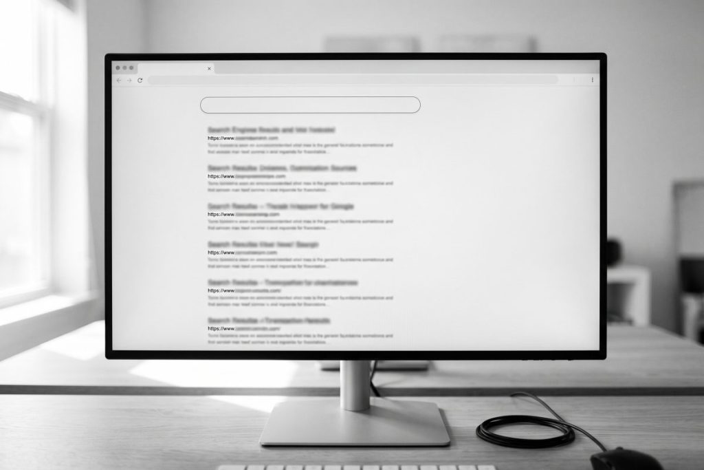 Google検索の結果画面に、インデックスされたWEBページが順位順に並ぶ様子。
検索ボリュームの大きいクエリほど競合が多く、YMYLなど評価基準が厳しい領域では
低品質な記事との差がアルゴリズムのアップデートを経て上位表示のシグナルに表れる
